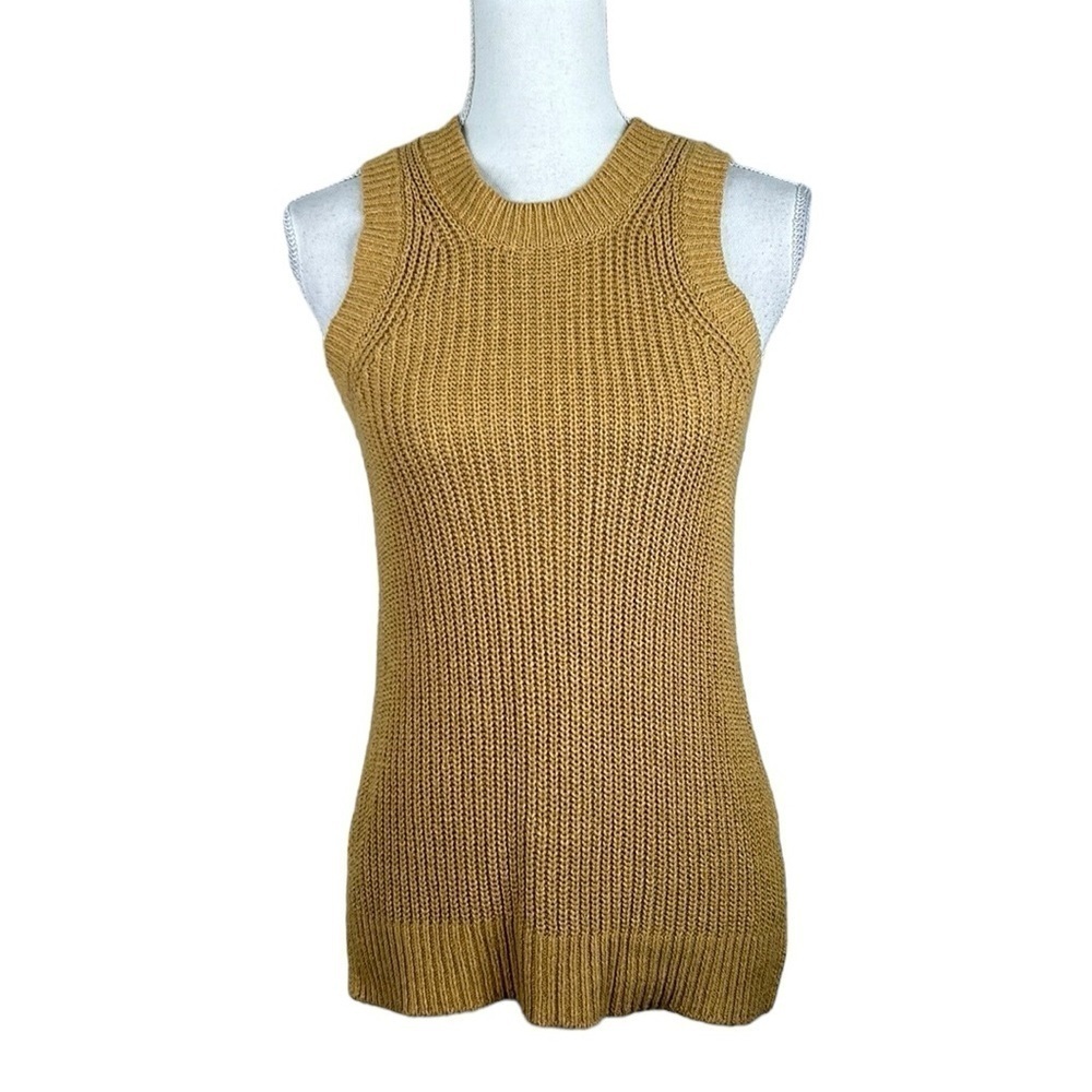 LOFT Linen Blend Tan Knit Sleeveless Side Slit Crew Neck Sweater Size XSโ